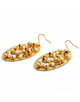 Brinco Dourado Oval Pérola E Bolinhas Douradas