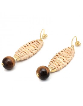 Brinco Dourado Caseado De Palha Com Olho De Tigre