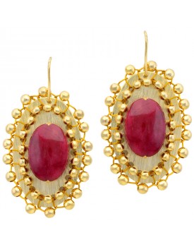 Brinco Dourado Chapa Oval E Jade Vermelha