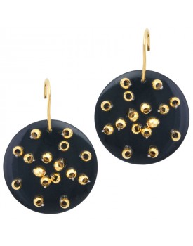 Brinco Dourado Resina Preta Com Bolinhas