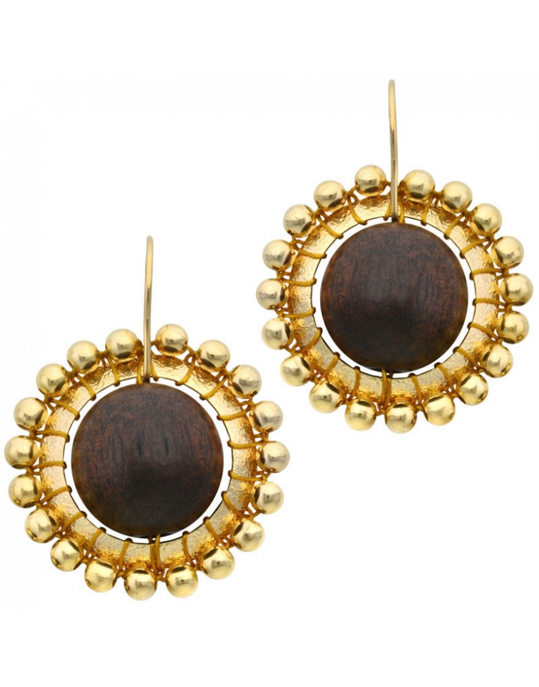 Brinco Dourado Bola De Madeira Com Bolinhas