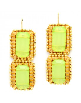 Brinco Dourado Retângulos Caseados Com Bolinhas E Pastilha De Resina Verde