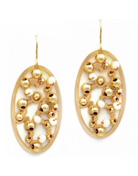 Brinco Dourado Oval Pérola E Bolinhas Douradas