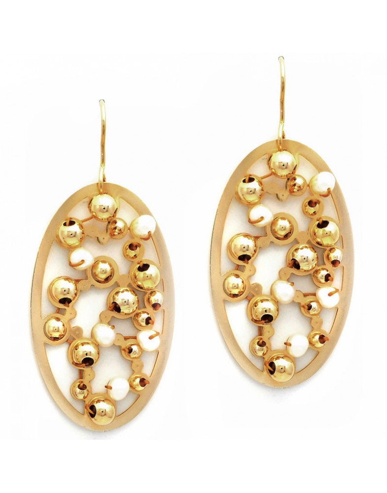 Brinco Dourado Oval Pérola E Bolinhas Douradas