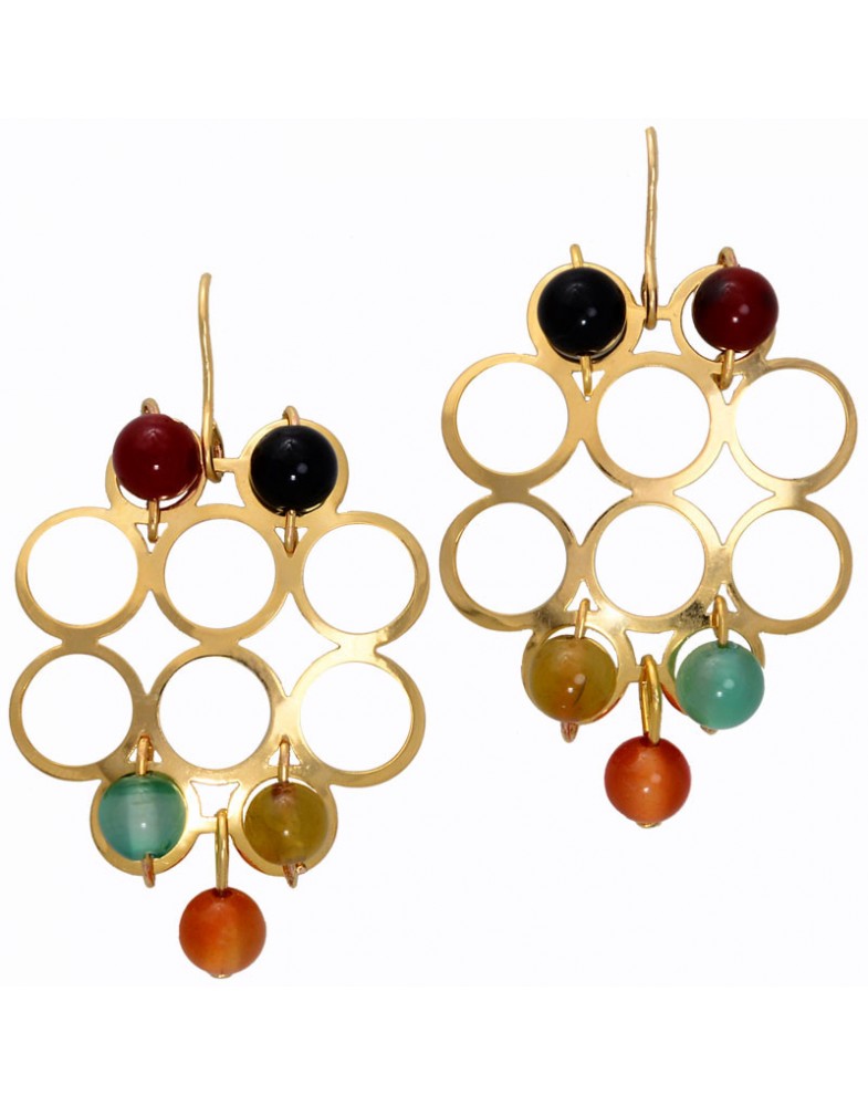 Brinco Dourado Bolas Vazadas Com Muranos Coloridos
