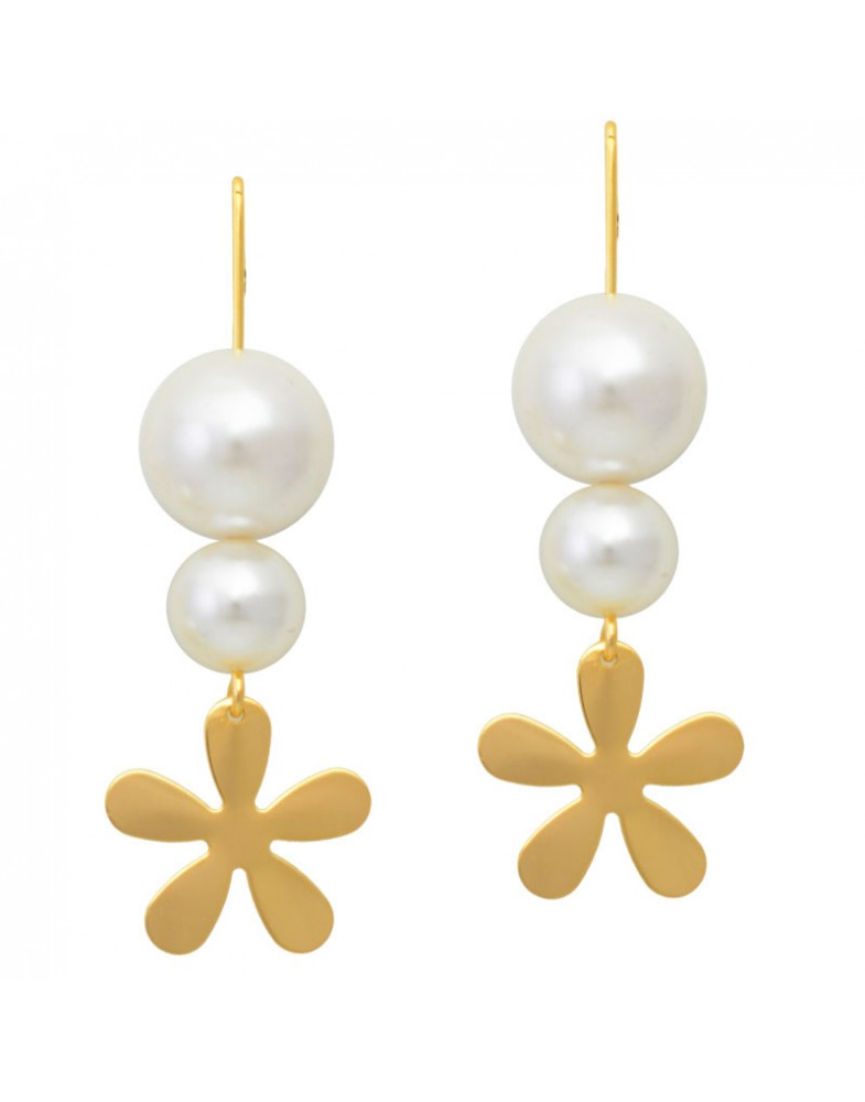 Brinco Dourado Pérolas Com Flores