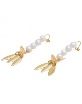 Brinco Dourado Borboleta Com Pérolas E Folhas De Liz