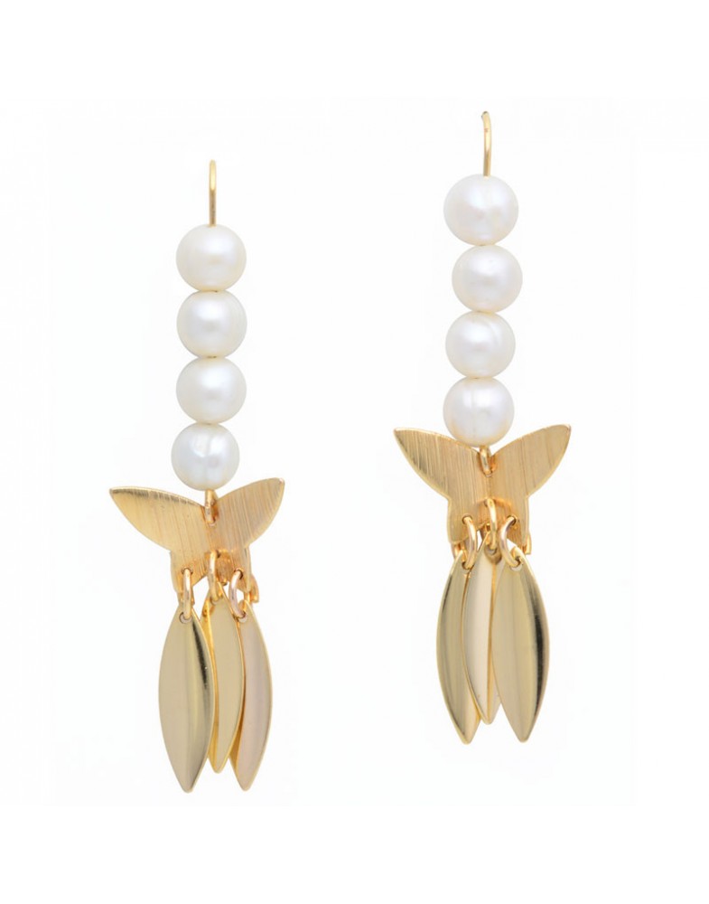 Brinco Dourado Borboleta Com Pérolas E Folhas De Liz
