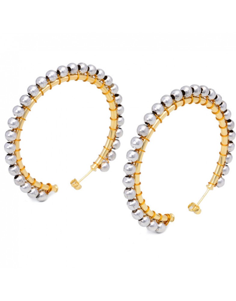 Brinco Dourado Argola Grande Com Bolinhas Prateadas
