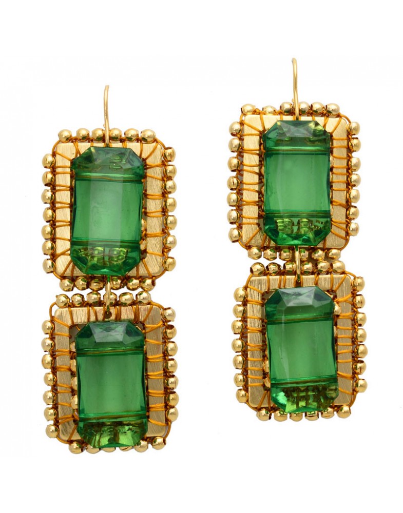 Brinco Dourado Retângulos Caseados Com Bolinhas E Pastilha De Resina Verde Escuro