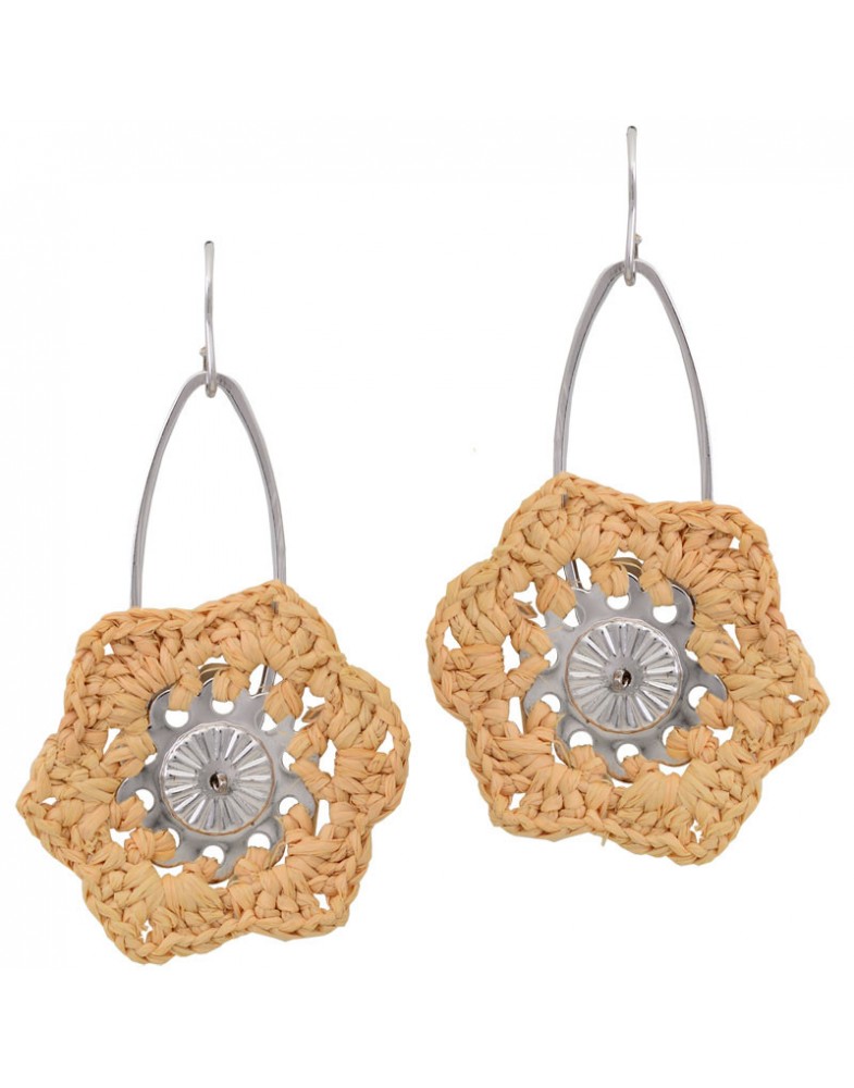 Brinco Prateado Flor De Palha Grande
