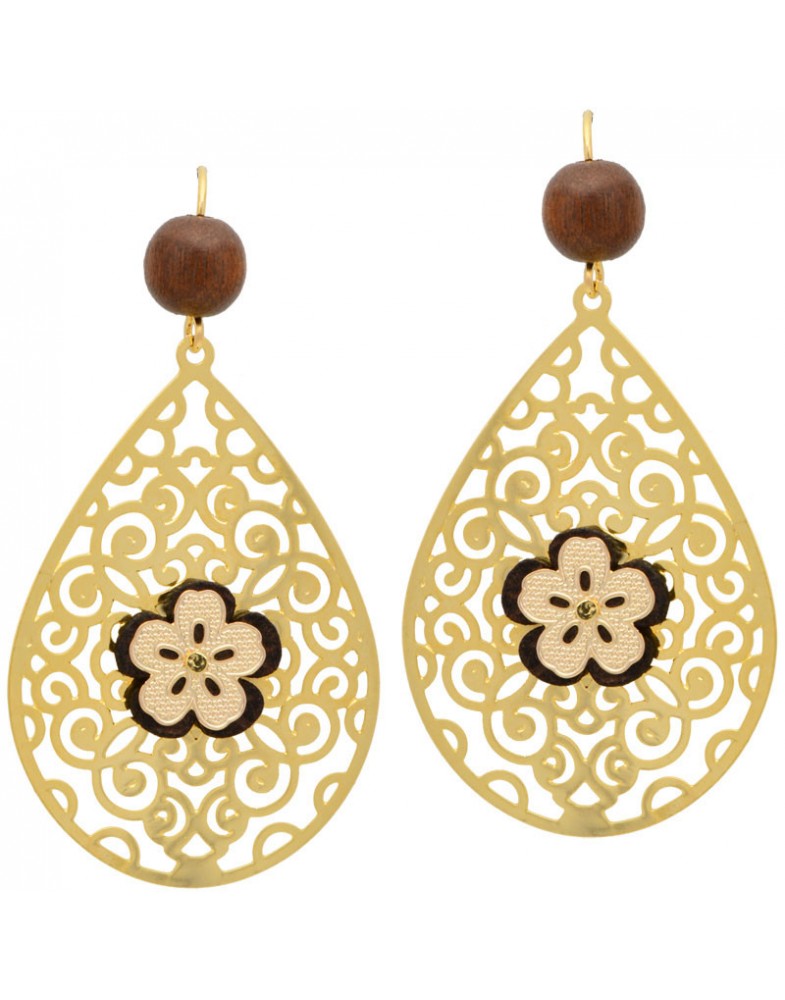 Brinco Dourado Gota Flor Com Imbuia