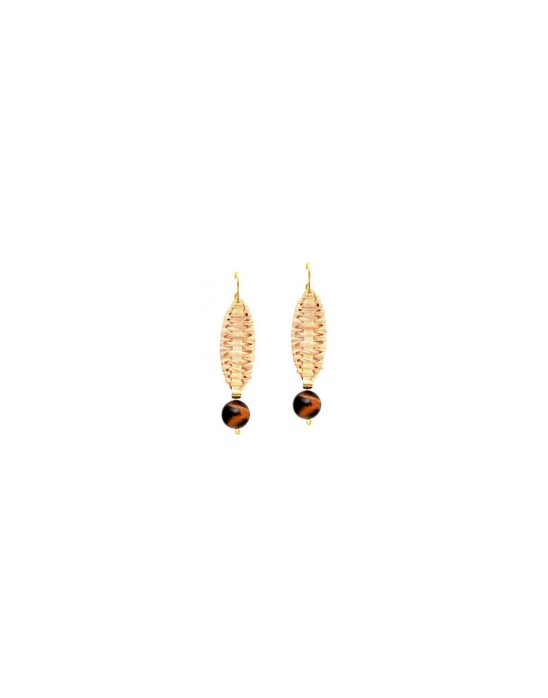 Brinco Dourado Caseado De Palha Com Olho De Tigre