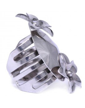 Anel Prateado Oval Com Flores
