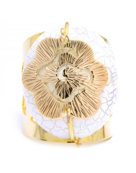 Anel Dourado Resina Branco Com Flor