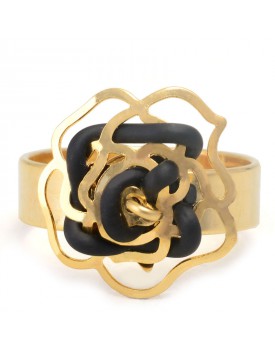 Anel Dourado Rosa Caseada Pequena Bordada Com Silicone Preto