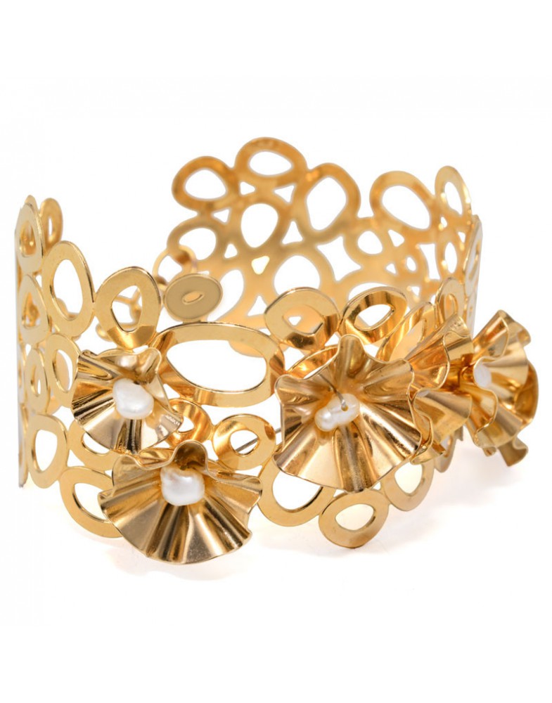 Pulseira Dourada Bracelete Paetês E Pérola
