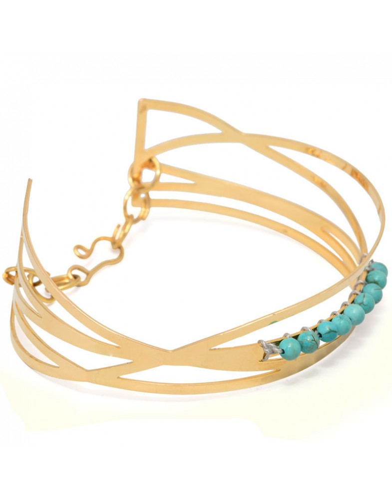 Pulseira Dourada Trançado Com Turquesas