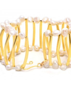 Pulseira Dourada Tubos Com Pérola