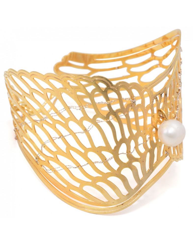 Pulseira Dourada Asa De Águia Com Pérola