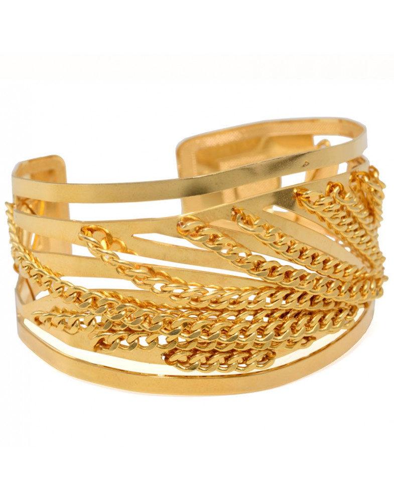 Pulseira Dourada Bracelete Ondas E Corrente