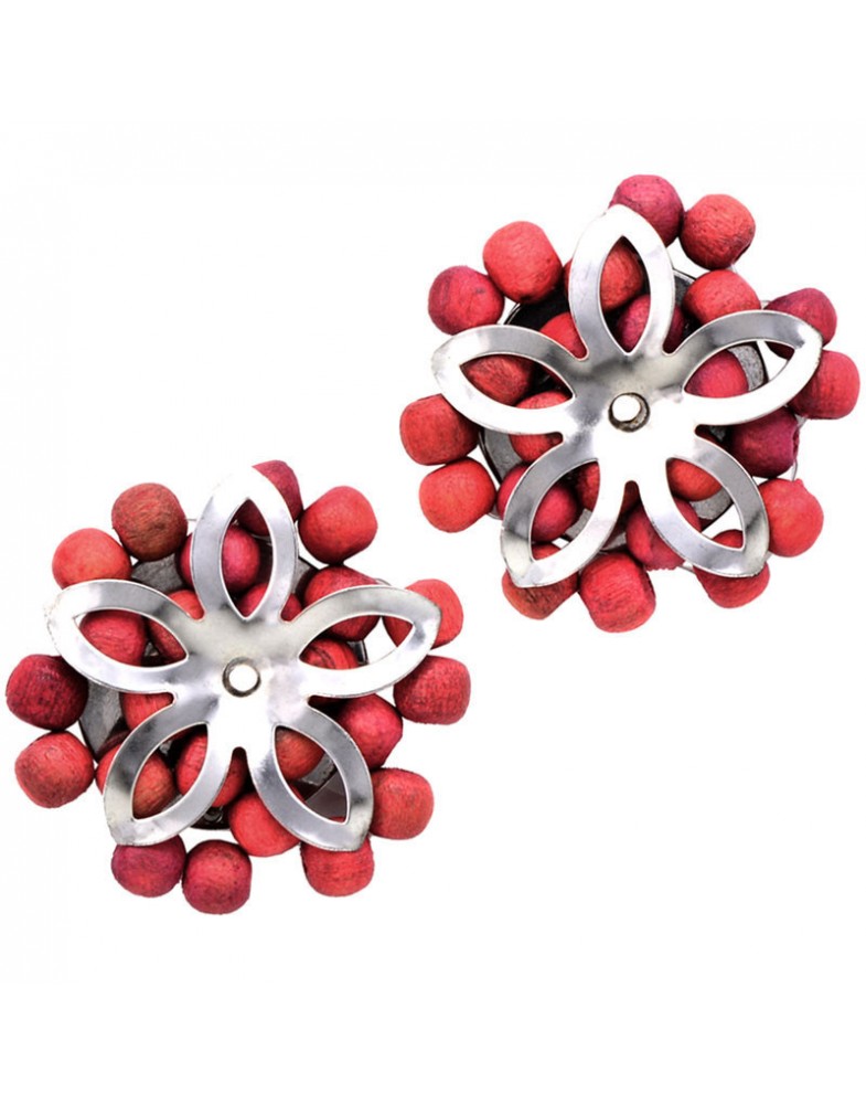 Brinco Prateado Flor 5 Pétalas Bola Madeira