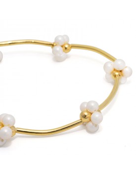 Pulseira Dourada Tubos E Flores De Pérola