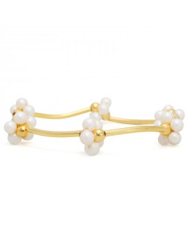 Pulseira Dourada Tubos E Flores De Pérola