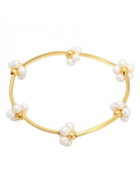 Pulseira Dourada Tubos E Flores De Pérola
