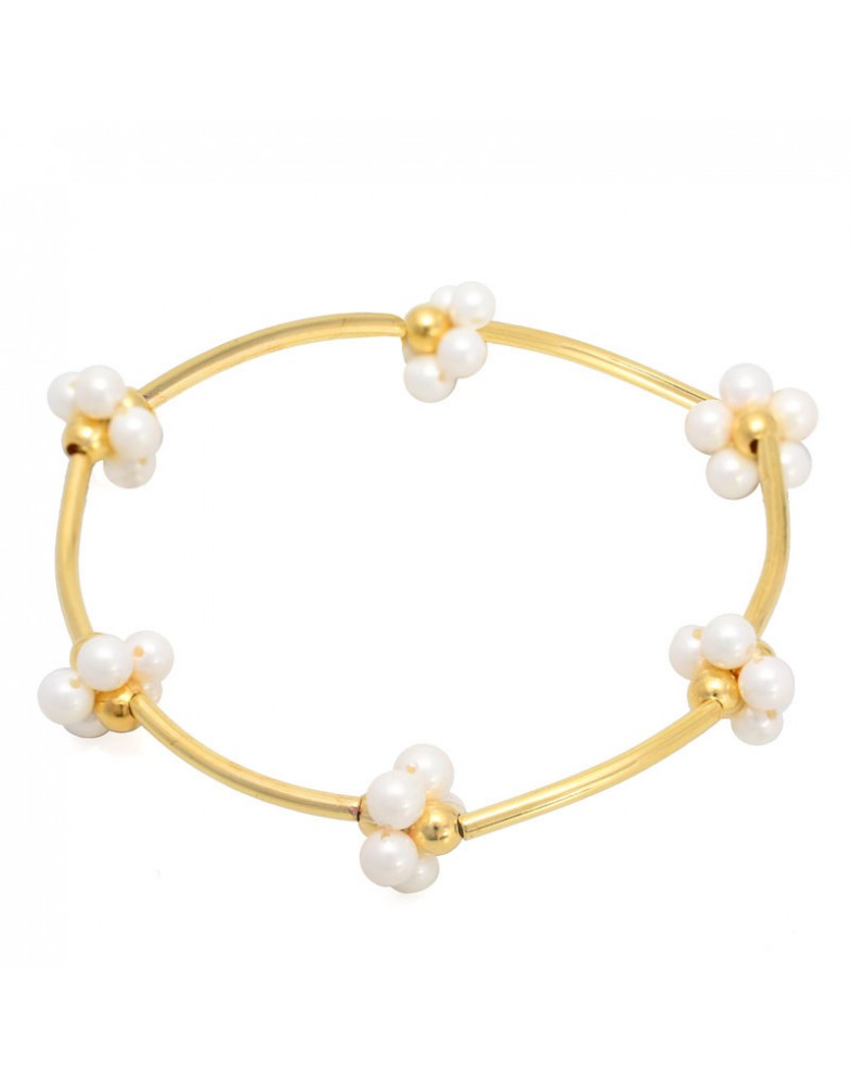 Pulseira Dourada Tubos E Flores De Pérola