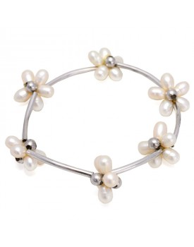 Pulseira Prateada Tubo E Flores De Pérola