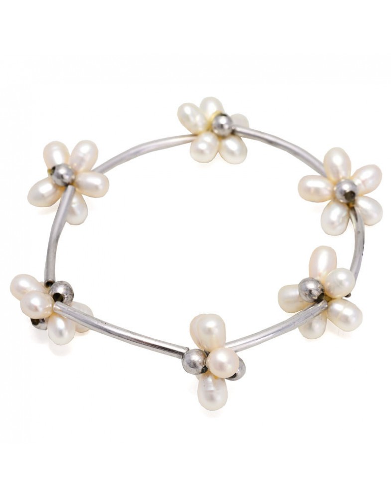 Pulseira Prateada Tubo E Flores De Pérola