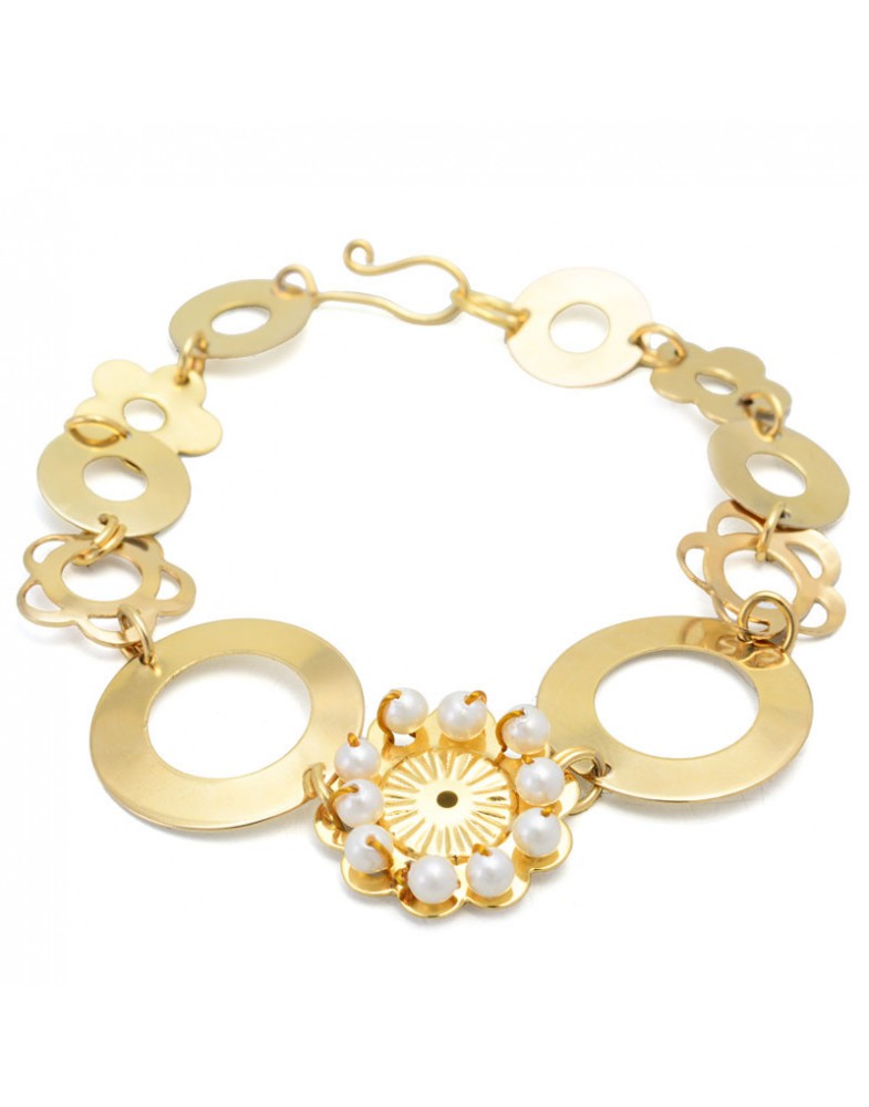 Pulseira Dourada Discos E Flores
