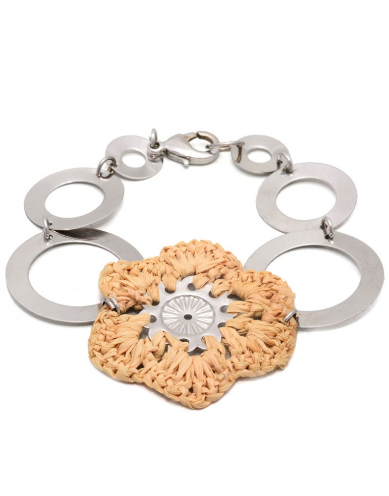 Pulseira Prateada Flor De Palha Grande