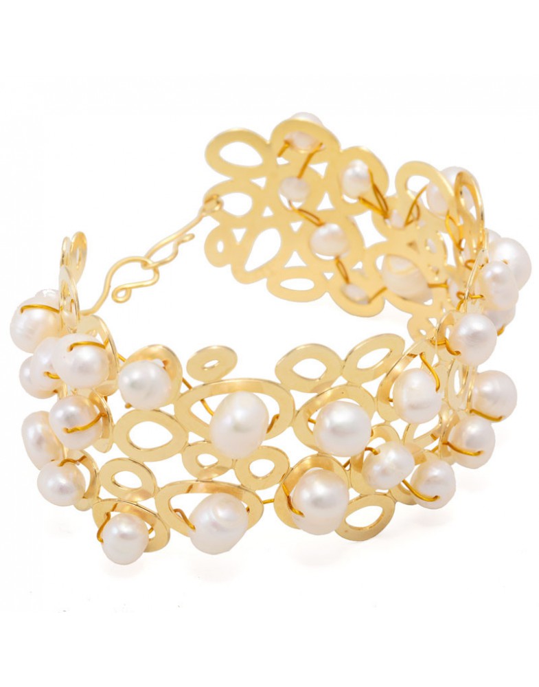 Pulseira Dourada Bracelete Bubble Com Pérolas