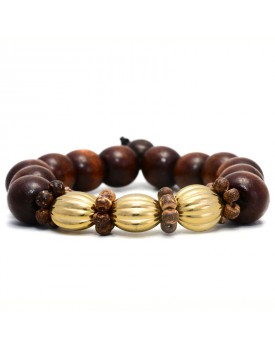 Pulseira Dourada Bolas De Madeira Com Noz