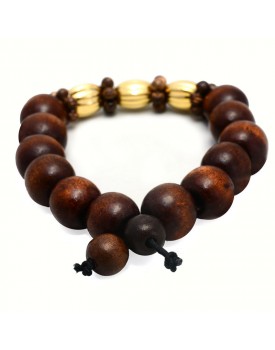 Pulseira Dourada Bolas De Madeira Com Noz