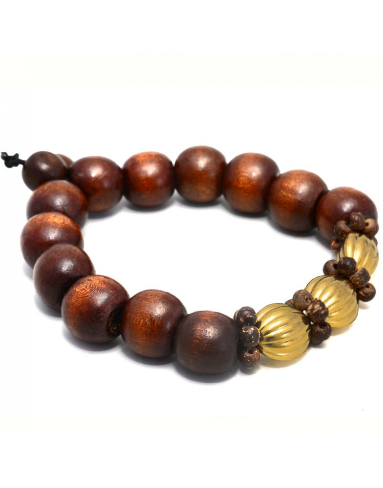 Pulseira Dourada Bolas De Madeira Com Noz