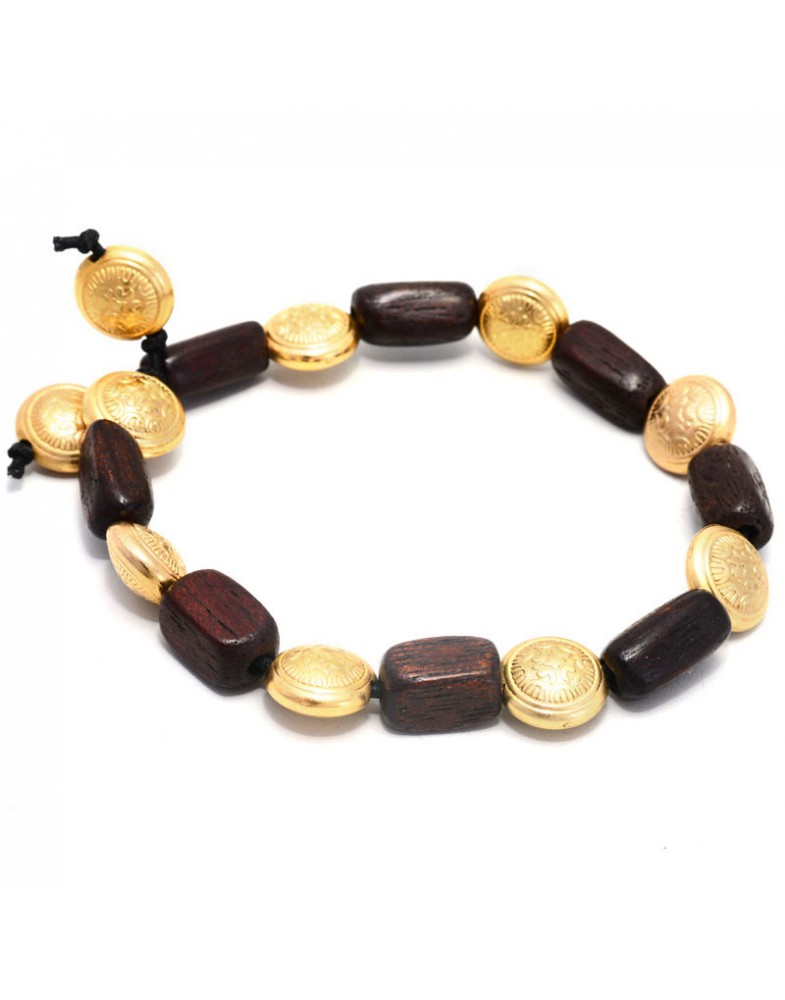 Pulseira Dourada Retangulo De Madeira E Bolas Chatas