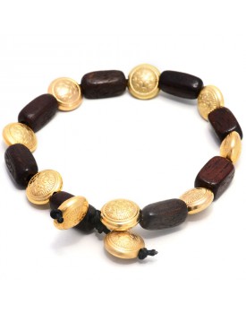 Pulseira Dourada Retangulo De Madeira E Bolas Chatas