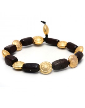 Pulseira Dourada Retangulo De Madeira E Bolas Chatas