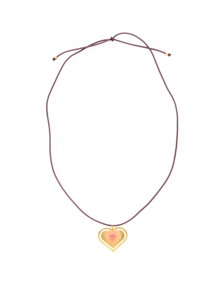 Colar Dourado Coração  Duplo Com Rosa