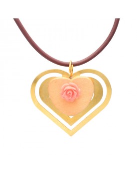 Colar Dourado Coração  Duplo Com Rosa