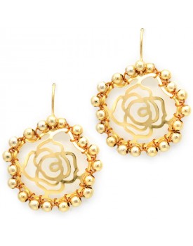 Brinco Dourado Rosa Média Com Bolinhas