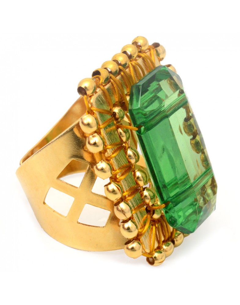 Anel Dourado Quadriculado Com Resina Verde Escuro