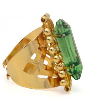 Anel Dourado Quadriculado Com Resina Verde Escuro