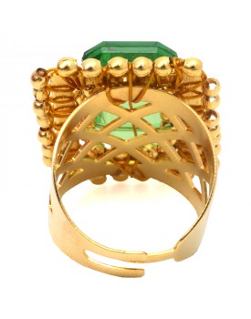 Anel Dourado Quadriculado Com Resina Verde Escuro