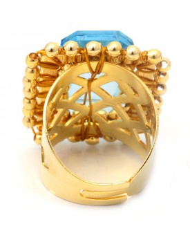 Anel Dourado Quadriculado Com Resina Azul