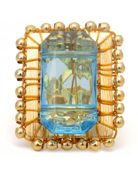 Anel Dourado Quadriculado Com Resina Azul