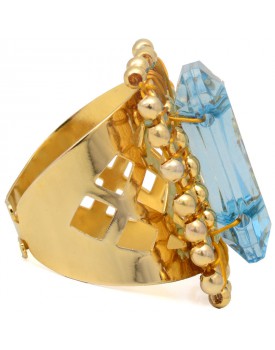 Anel Dourado Quadriculado Com Resina Azul
